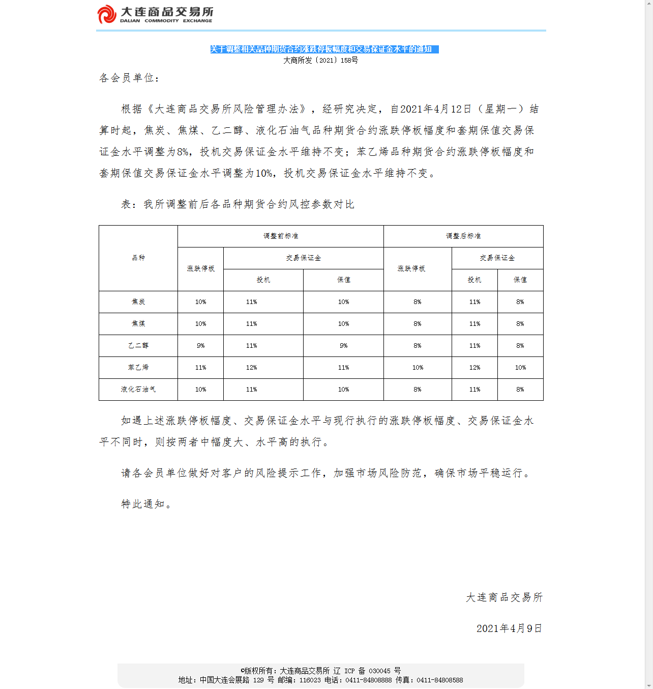 【转发】关于调整相关品种期货合约涨跌停板幅度和交易保证金水平的通知